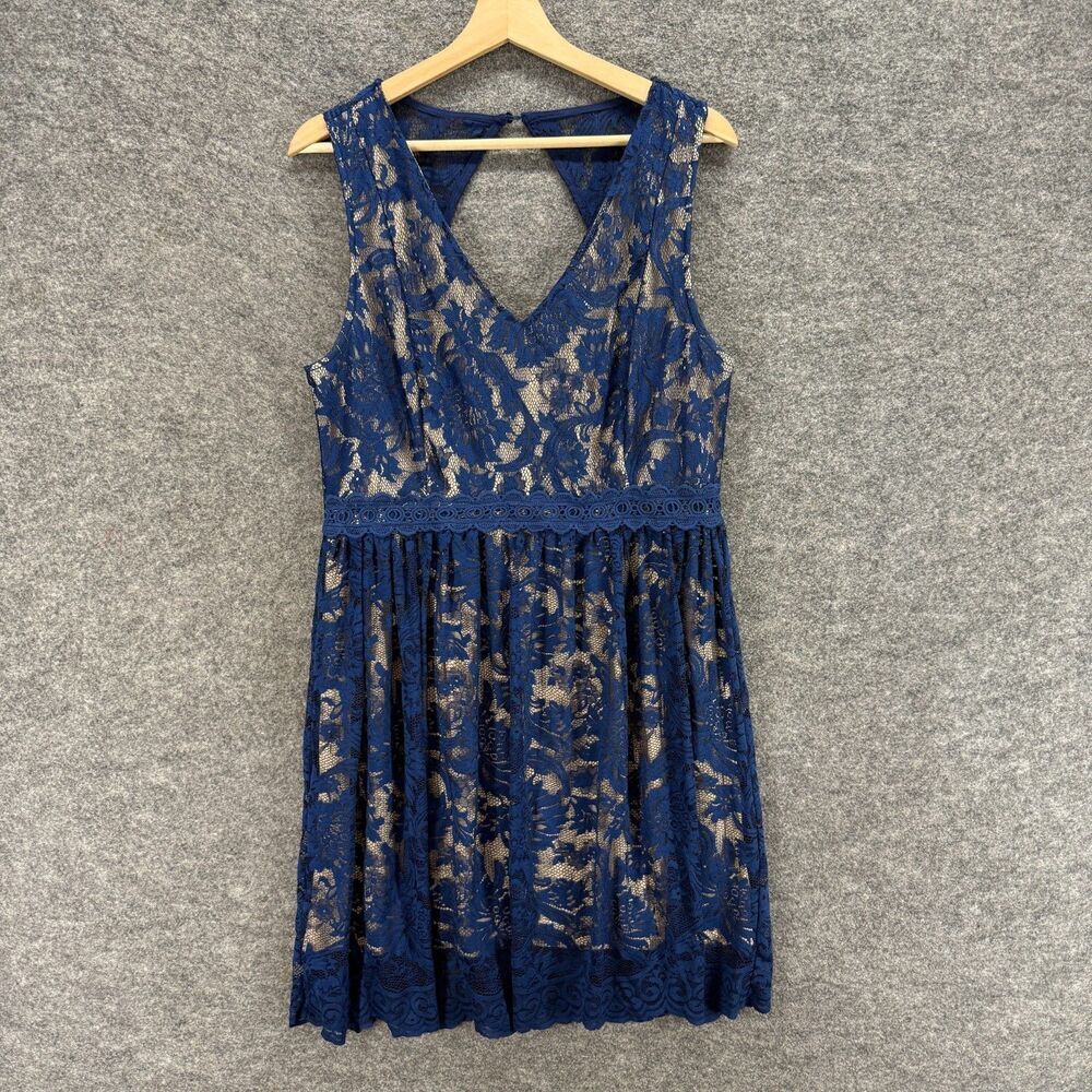 Francesca's Dress Women L Large Blue Floral Crochet Shift Midi V-Neck Zipper
